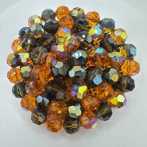 Vintage 1950s gold tone orange amber AB aurora borealis glass beaded brooch